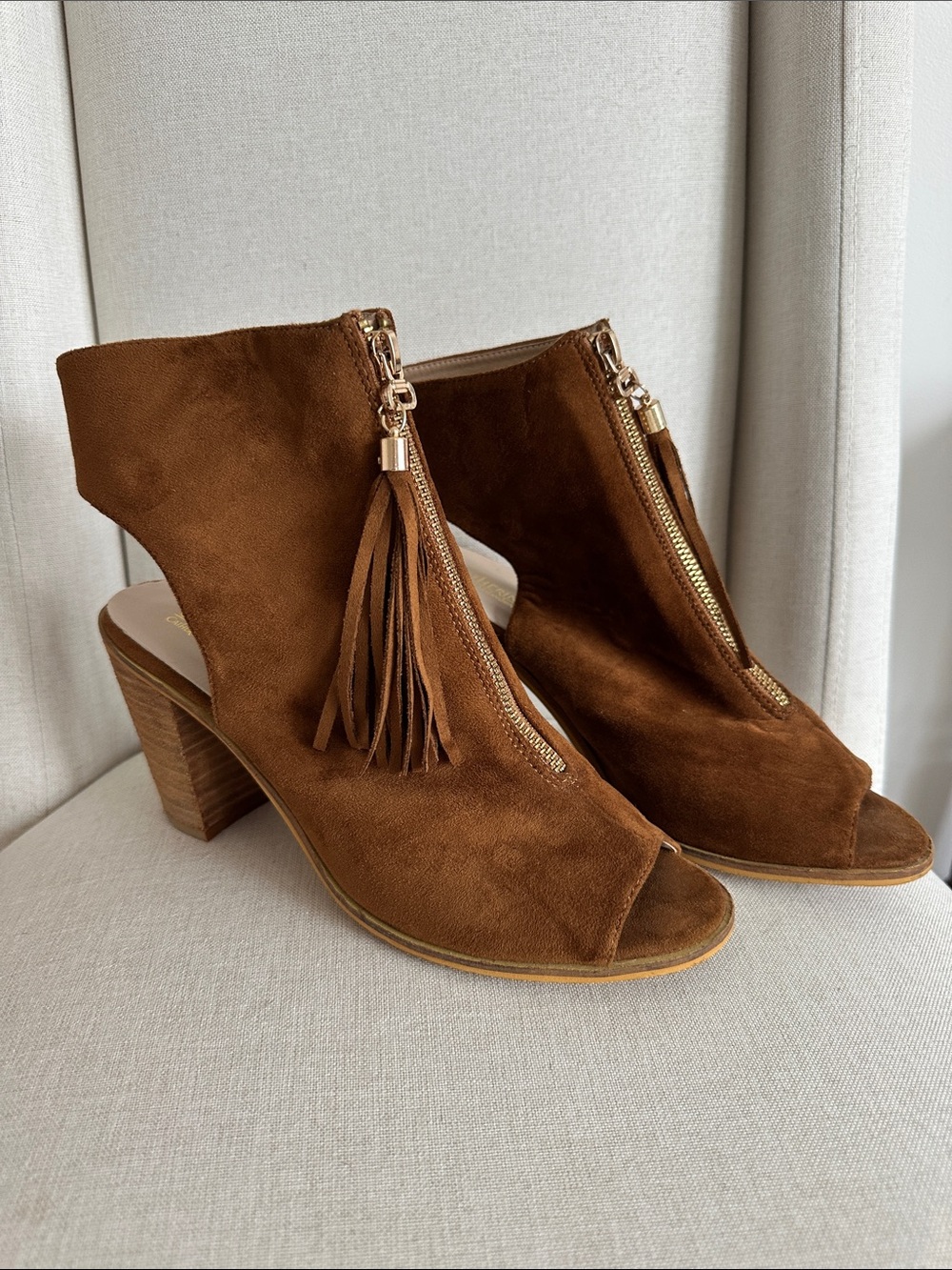 Catherine Malandrino Brown Suede Tassel Front-Zip Peep Toe Heels